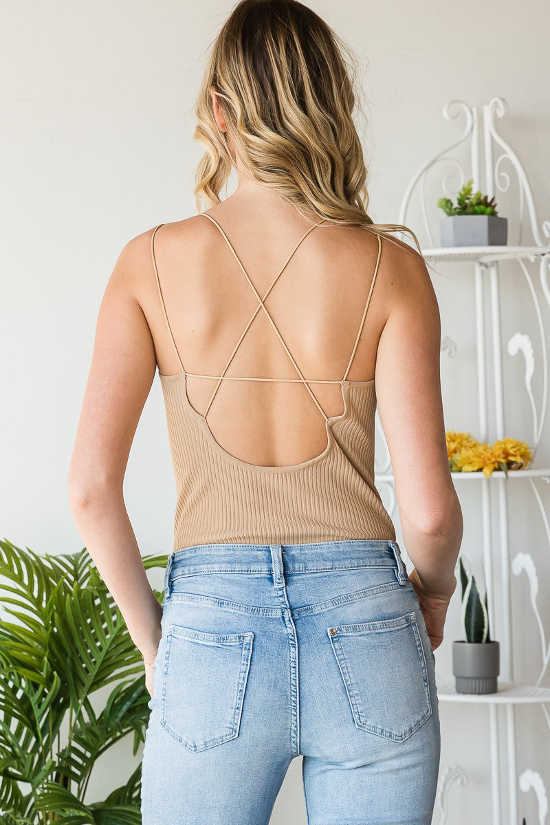 Open Back Tan Ribbed Bodysuit