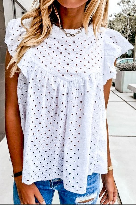 Ruffle Sleeve Eyelet Lace Blouse